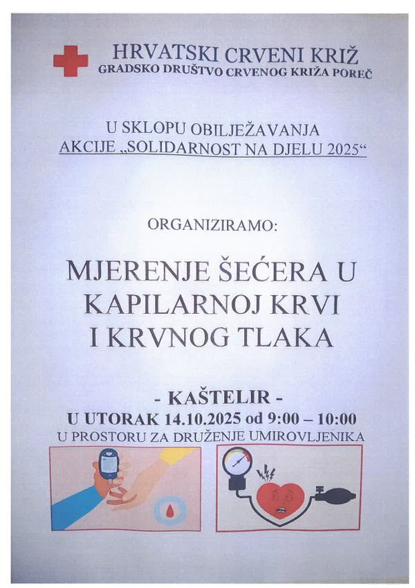 MJERENJE KRVNOG TLAKA I ŠEČER U KRVI U UTORAK 14. 10. 2025. od 9-10 sati